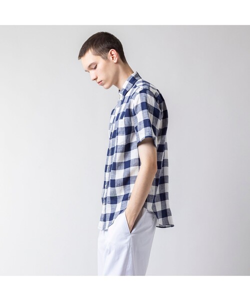 【よ※屋様】LACOSTE リネン混 BD半袖チェックシャツ ライトブルー M LACOSTE ラコステ リネン混 BD半袖チェックシャツ ライトブルー M