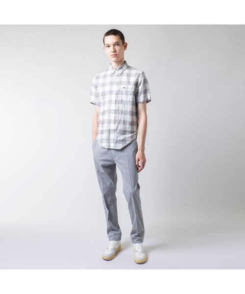 【よ※屋様】LACOSTE リネン混 BD半袖チェックシャツ ライトブルー M セール】リネンチェック半袖ボタンダウンシャツ（シャツ