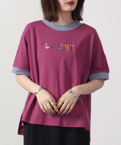 tシャツ EMAGO LUCKYロゴ刺繍5分袖Tシャツ レディース Emago tシャツ EMAGO LUCKYロゴ刺繍5分袖Tシャツ レディース