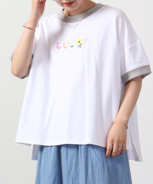 tシャツ EMAGO LUCKYロゴ刺繍5分袖Tシャツ レディース Emago tシャツ EMAGO LUCKYロゴ刺繍5分袖Tシャツ レディース