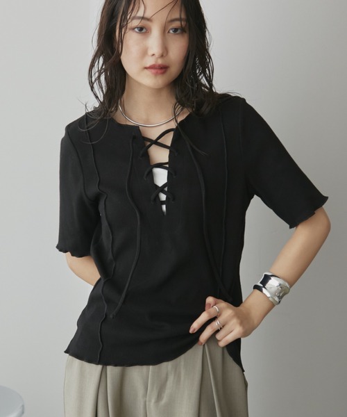 Aunt Marie's tシャツ 2WAYレースアップハーフスリーブトップス