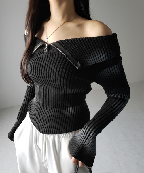 ニット セーター 「 ２color 」スプレー加工オフショルスリムリブニット ／ spray off shoulder slim lib knit