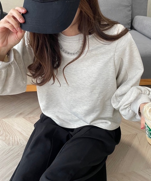 トレーナー スウェット TULLE SLEEVE SHORT SWEAT レディース HEILIS トレーナー スウェット クロップドスウェットトップス