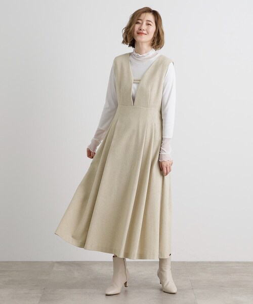 006❇︎2wayネック 豊かに広がる紬フレアワンピース 腰リボン両脇ポケット付 grove（グローブ） ワンピース 「前後2WAY」ラメツイードフレアー