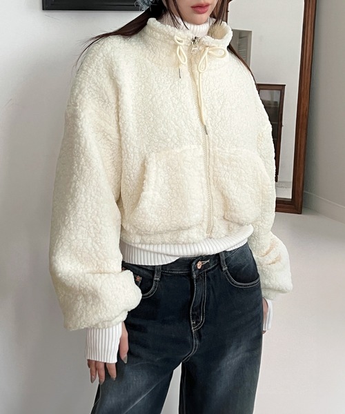 by muni:r コート アウター フリースクロップドジップアップ