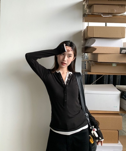 DEVICE tシャツ ダブルレイヤード ボタンアップ トップス 韓国