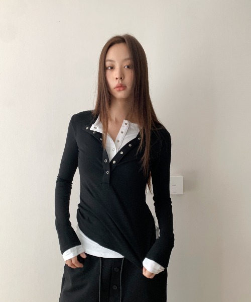 DEVICE tシャツ ダブルレイヤード ボタンアップ トップス 韓国