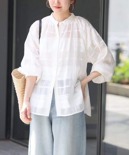 【夏物】JOURNAL STANDARD LUXE バンドカラーシャツ ブラウス JOURNAL STANDARD relume ブラウス シャツ シアーチェックバンド