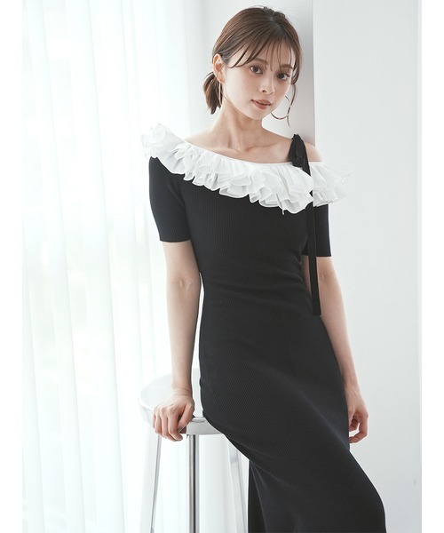 SNIDEL ワンピース アシメプリーツカラーニットワンピース