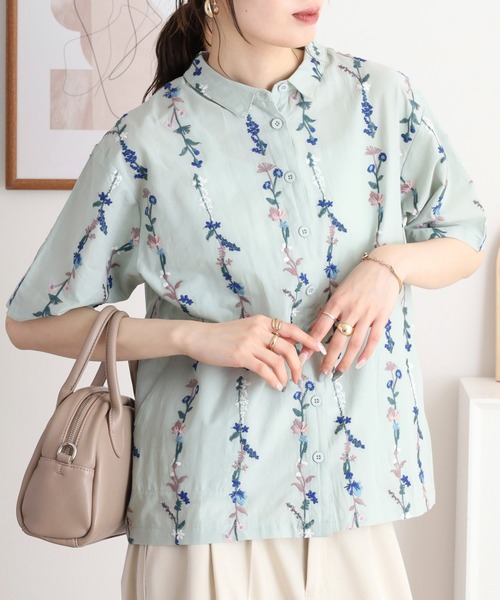 ブラウス シャツ EMAGO 花ストライプ総柄刺繍ブラウス レディース Emago ブラウス シャツ EMAGO 花ストライプ総柄刺繍シャツ