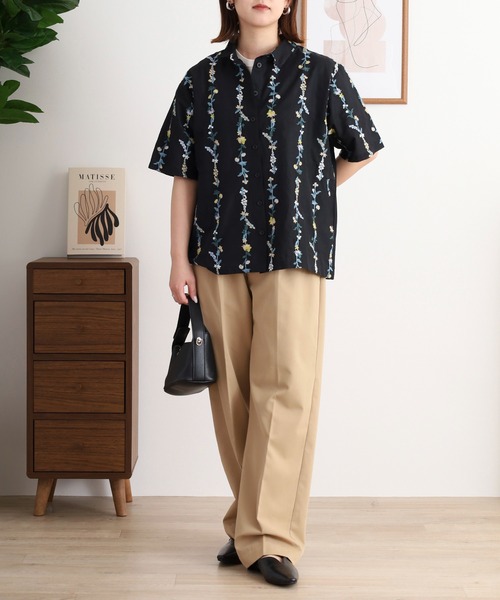 ブラウス シャツ EMAGO 花ストライプ総柄刺繍ブラウス レディース Emago ブラウス シャツ EMAGO 花ストライプ総柄刺繍シャツ
