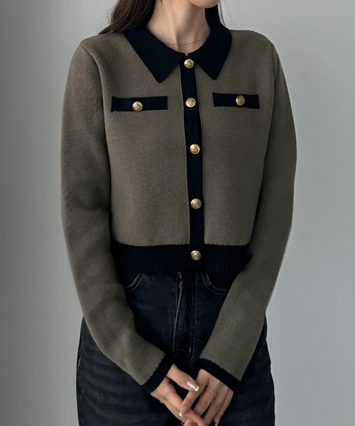 Louere カーディガン バイカラー襟付きニットカーディガン レディース