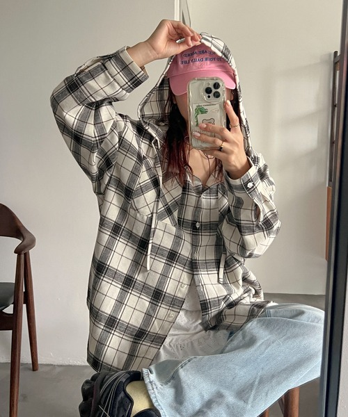 PILIT ブラウス シャツ フードチェックシャツ レディース : ZOZOTOWN