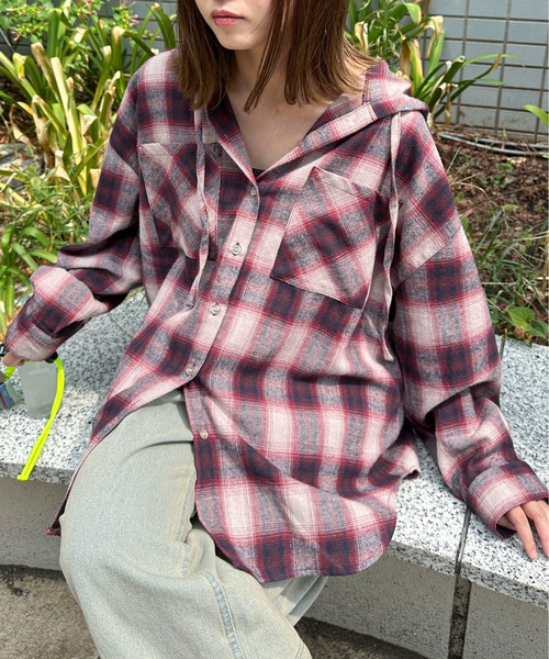 PILIT ブラウス シャツ フードチェックシャツ レディース : ZOZOTOWN