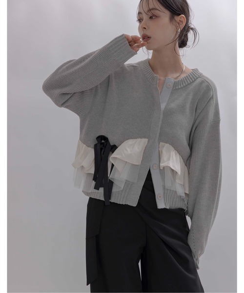 新品未使用　Eimee Law エイミーロウ　リボン　カーディガン　アイボリー エイミーロウ eimeelaw ランダムリボンラメネップZIPカーデ | Sister