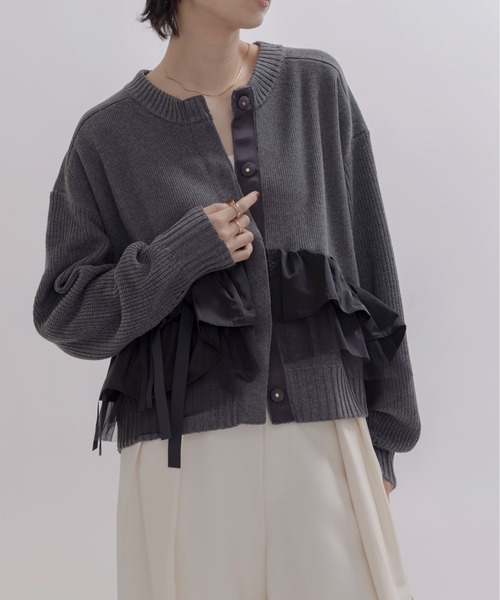 eimeelaw エイミーロウ ❤︎春物 お洒落 切替ロゴロングカーディガン Eimee Law エイミーロウ】ランダムロゴフレアーカットソードレス