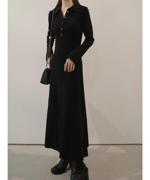 AP STUDIO スリットネックドレス ロングワンピース 3.5万 黒 長袖 amel（エイメル） ワンピース ポロネックスリットスリーブドレス