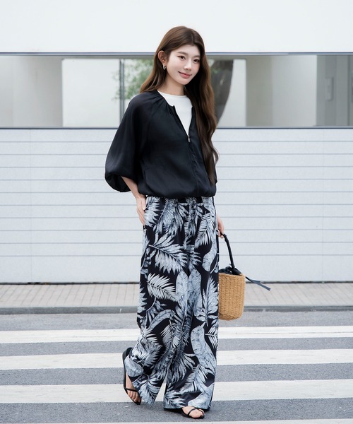 ワイドパンツ パンツ ボタニカルプリントワイドパンツ レディース