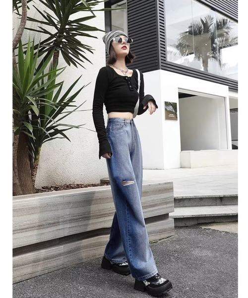ワイド クロス ダメージ デニム パンツ レディース サイド miniministore ジーンズ デニム デニムパンツ デニムワイド