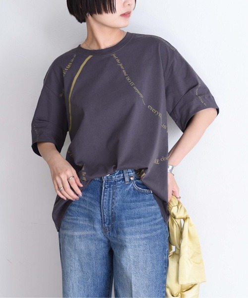 tシャツ ウェーブロゴプリントタックスリーブTシャツ レディース