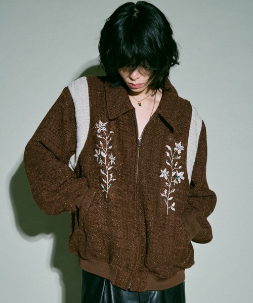 camphor wood 花刺繍ラメツイードスタジアムジャケット Camphor wood スタジャン flower embroidery lame tweed varsity