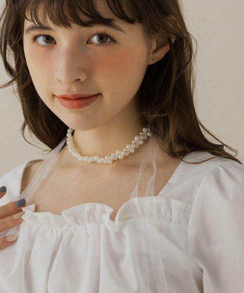 カチューシャ 「LA MUE」パール×編み込みレースリボンヘッド