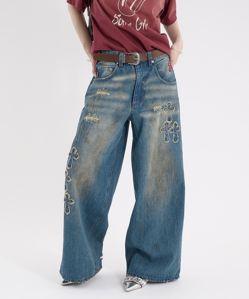 Perushu ジーンズ CROSS DAMAGE DENIM PANTS クロスダメージ