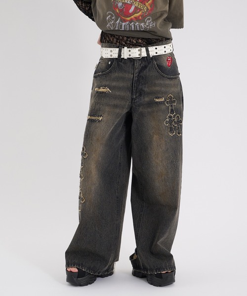 Perushu ジーンズ CROSS DAMAGE DENIM PANTS クロスダメージ