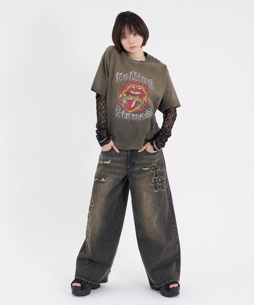 デニム ジーンズ サイド クロス ワイド ダメージ パンツ サイドカットデニムパンツ サイドスリット デニムパンツ ワイド
