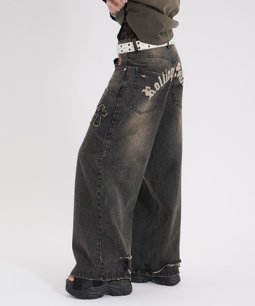 ブラウン ダメージデニムパンツ セール】裾ダメージワイドシルエットデニムパンツ NZK5051