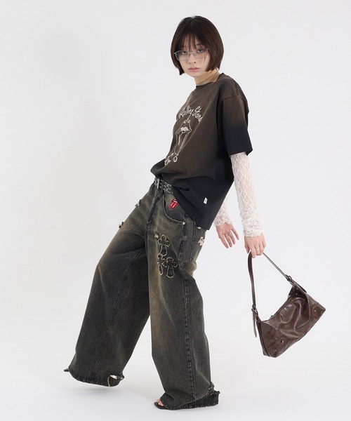 Perushu ジーンズ CROSS DAMAGE DENIM PANTS クロスダメージ