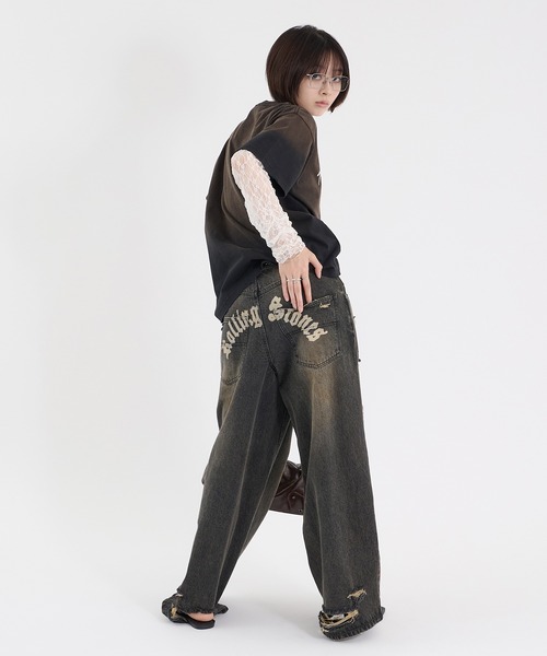 Perushu ジーンズ CROSS DAMAGE DENIM PANTS クロスダメージ