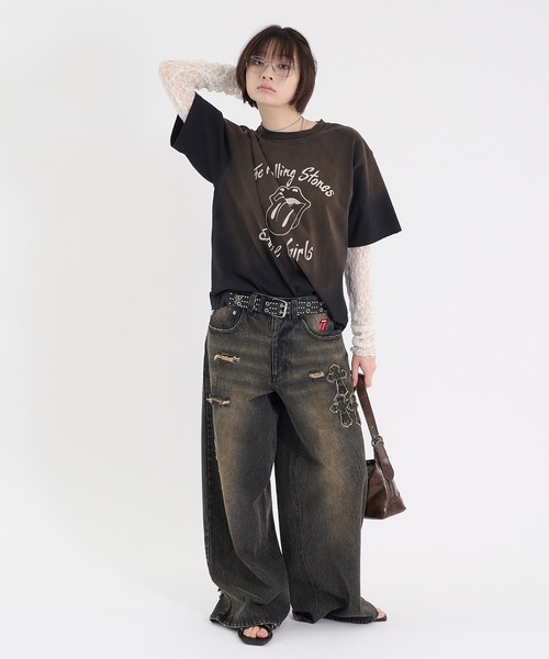 ワイド クロス ダメージ デニム パンツ レディース サイド Perushu ジーンズ CROSS DAMAGE DENIM PANTS クロスダメージ