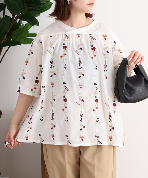 ブラウス シャツ EMAGO 花ストライプ総柄刺繍ブラウス レディース