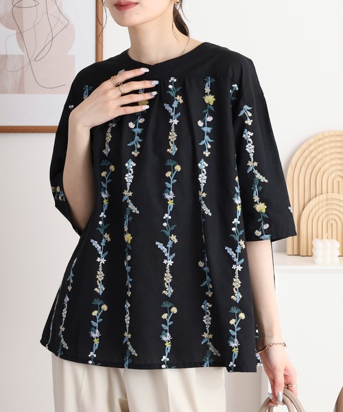 ブラウス シャツ EMAGO 花刺繍ストライプシャツ レディース Emago ブラウス シャツ EMAGO 花ストライプ総柄刺繍シャツ