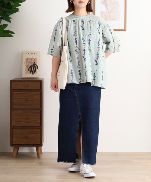 Emago ブラウス シャツ EMAGO 花ストライプ総柄刺繍ブラウス