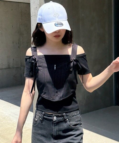 tシャツ ストライプビスチェアンサンブル レディース