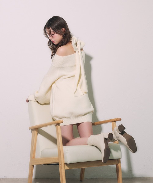 fupel ニット セーター Multi-way choker loose off-shoulder knit