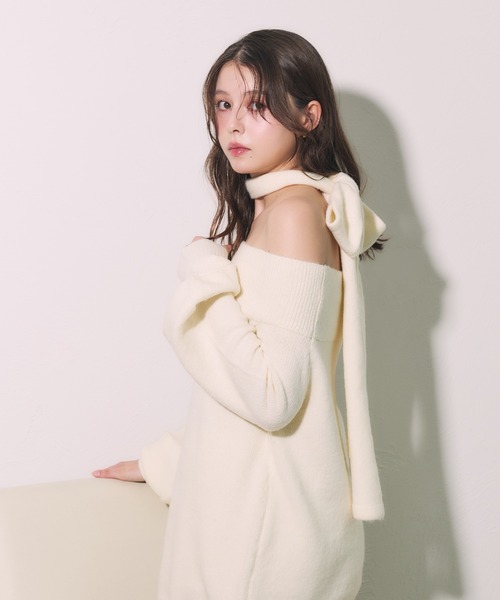 fupel ニット セーター Multi-way choker loose off-shoulder knit