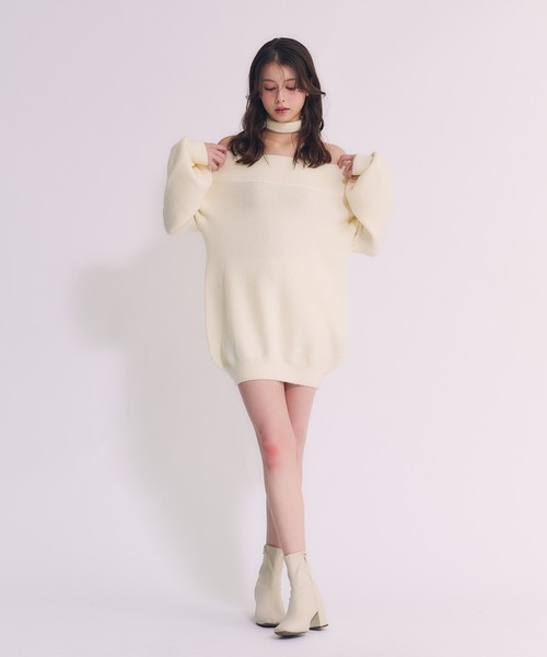 fupel ニット セーター Multi-way choker loose off-shoulder knit