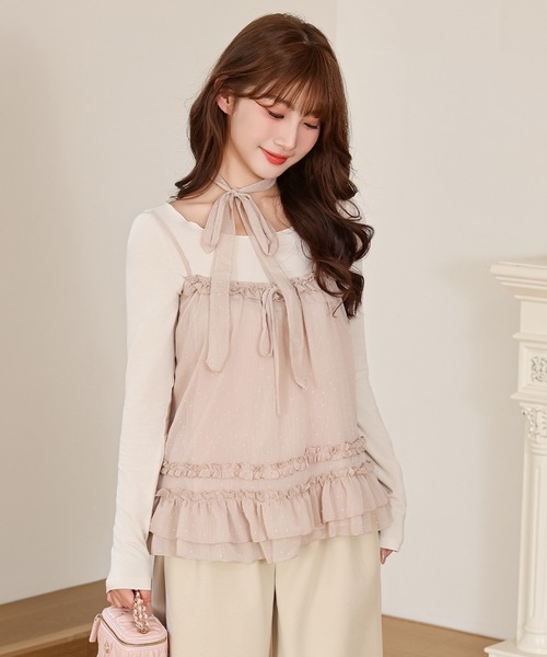 Anely tシャツ ドット フリル キャミソール トップス 2点セット