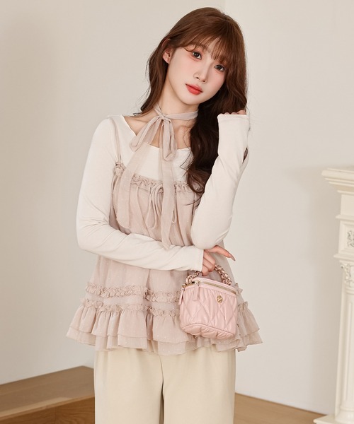 Anely tシャツ ドット フリル キャミソール トップス 2点セット