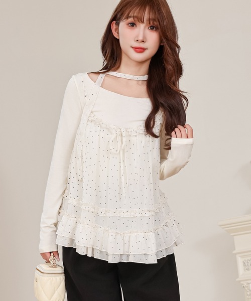 Anely tシャツ ドット フリル キャミソール トップス 2点セット