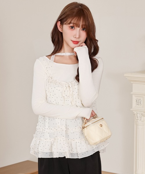 Anely tシャツ ドット フリル キャミソール トップス 2点セット