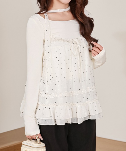 Anely tシャツ ドット フリル キャミソール トップス 2点セット