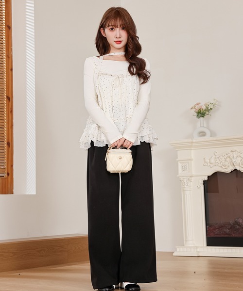 Anely tシャツ ドット フリル キャミソール トップス 2点セット
