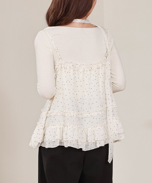 Anely tシャツ ドット フリル キャミソール トップス 2点セット