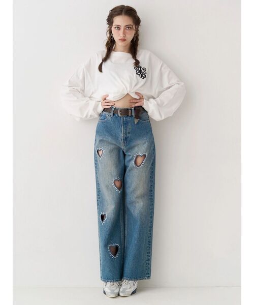 ジーンズ デニム デニムパンツ 「着用動画あり」ビジューハートカッティングワイドデニムパンツ　春服 レディース_17