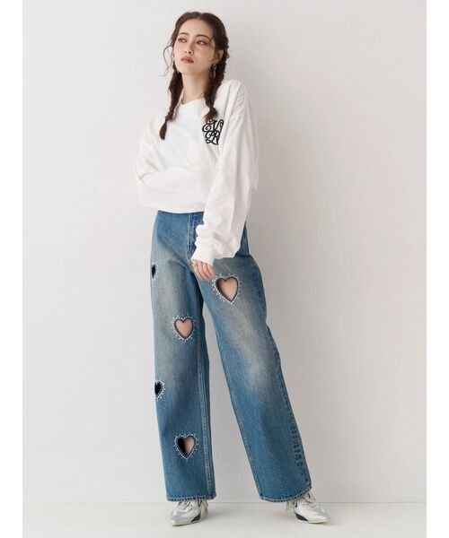 ジーンズ デニム デニムパンツ 「着用動画あり」ビジューハートカッティングワイドデニムパンツ　春服 レディース_18