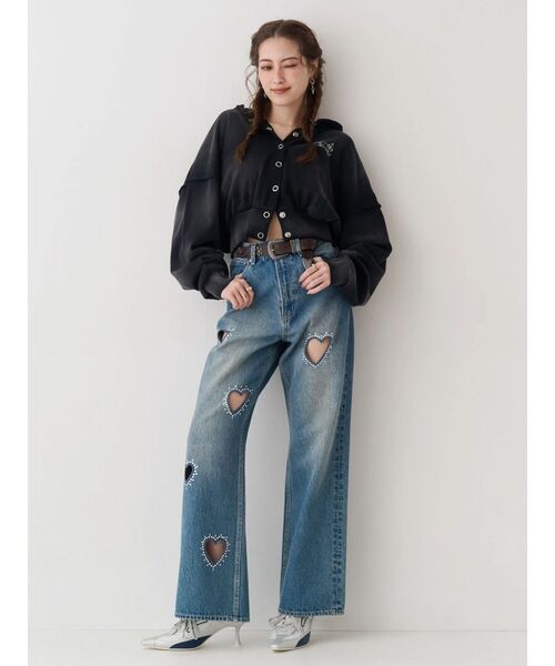 ジーンズ デニム デニムパンツ 「着用動画あり」ビジューハートカッティングワイドデニムパンツ　春服 レディース_21